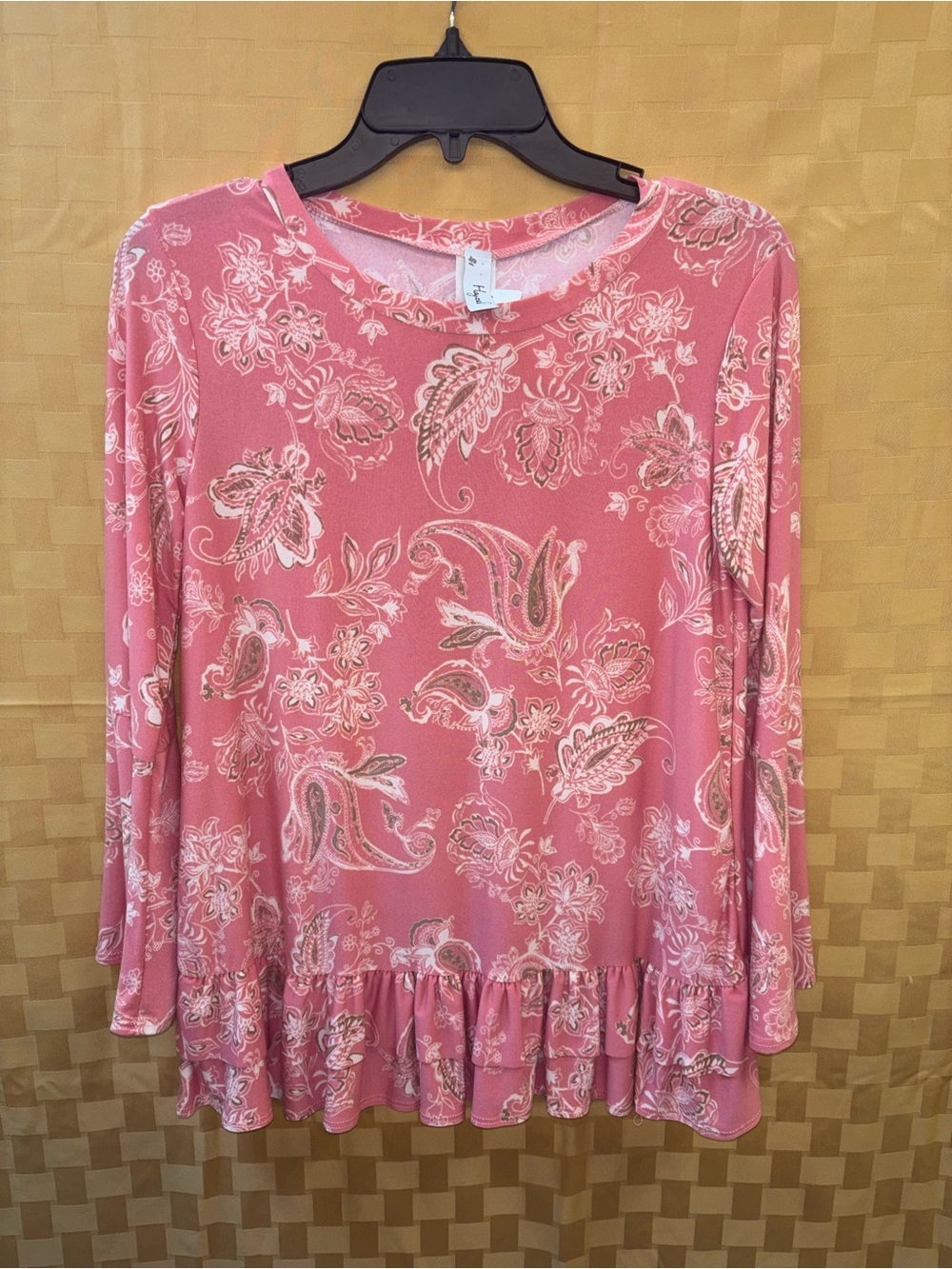 hazel Pink Paisley Ruffle-Hem Long Sleeve Tunic